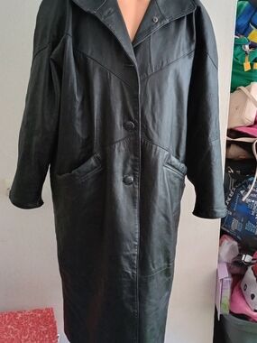 Classic Black Leather Long Coat - Women L